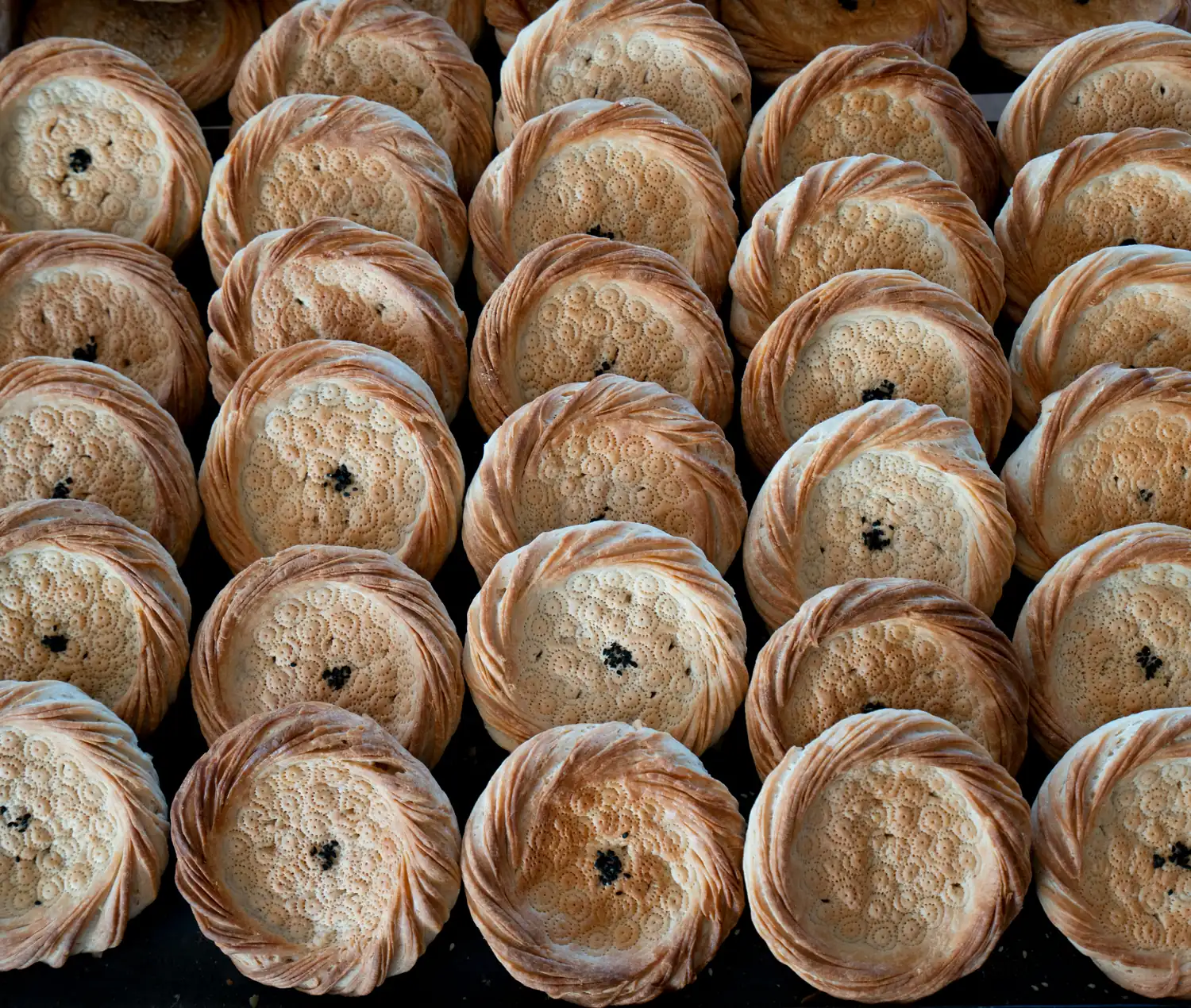 Rows of traditional Uzbek non bread at a bazaar